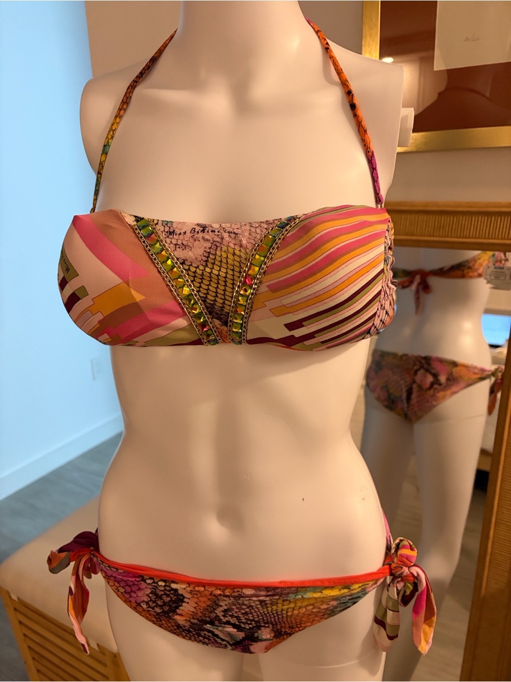 Miss bikini, python, printed with real metal gold collar chain,& crystal insert